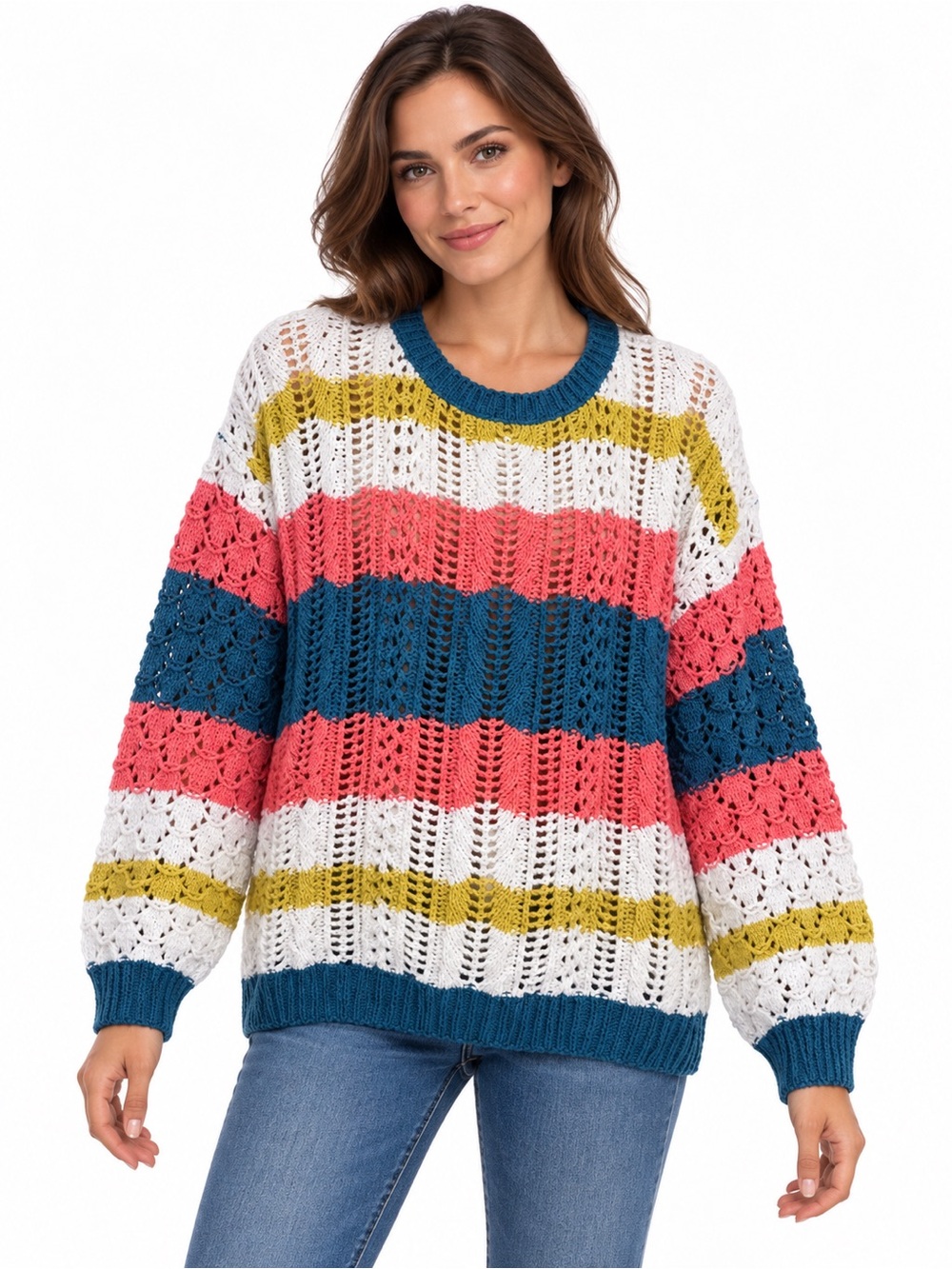 LuLaRoe White Open-Knit Stripe Sweater with Teal, Coral & Chartreuse